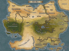 A map of the continent of Idiri, with the Adelantean Sea to the north and Rulesfka to the east.