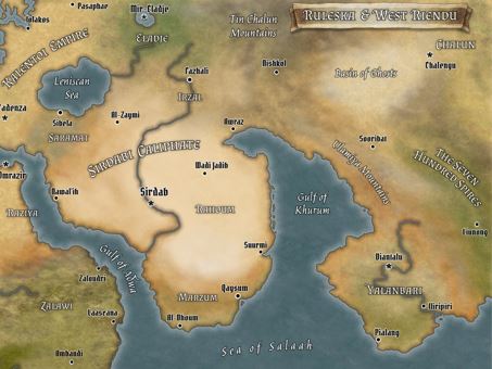 A map of the continent of Ruleska, with the Adelantean Sea to the west and Riendu to the east.