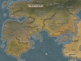 A map of the continent of Ruvera, with the Adelantean Sea to the south and Ruleska to the east.